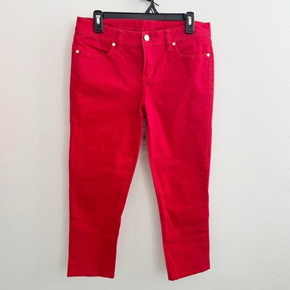 Tory Burch Red Cropped Skinny Jeans Embroidered Logo Pockets Size 26 denim NEW - Picture 5 of 15